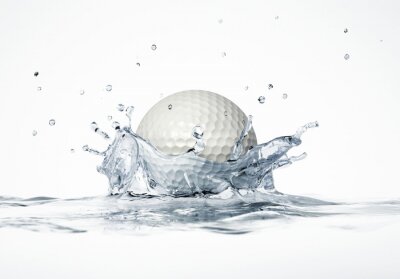 Sticker Witte golfbal die in het water, die een kroon plons.