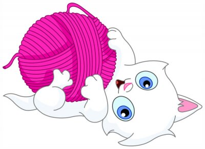 Sticker Witte kat die met roze garen speelt