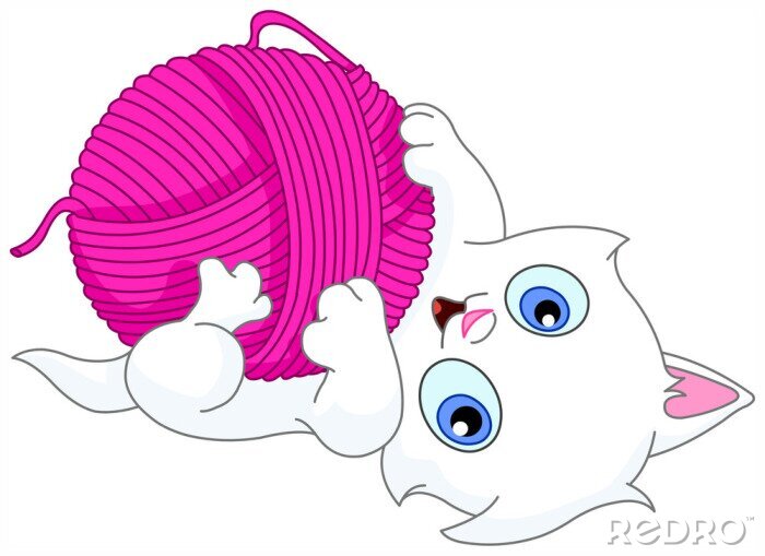 Sticker Witte kat die met roze garen speelt
