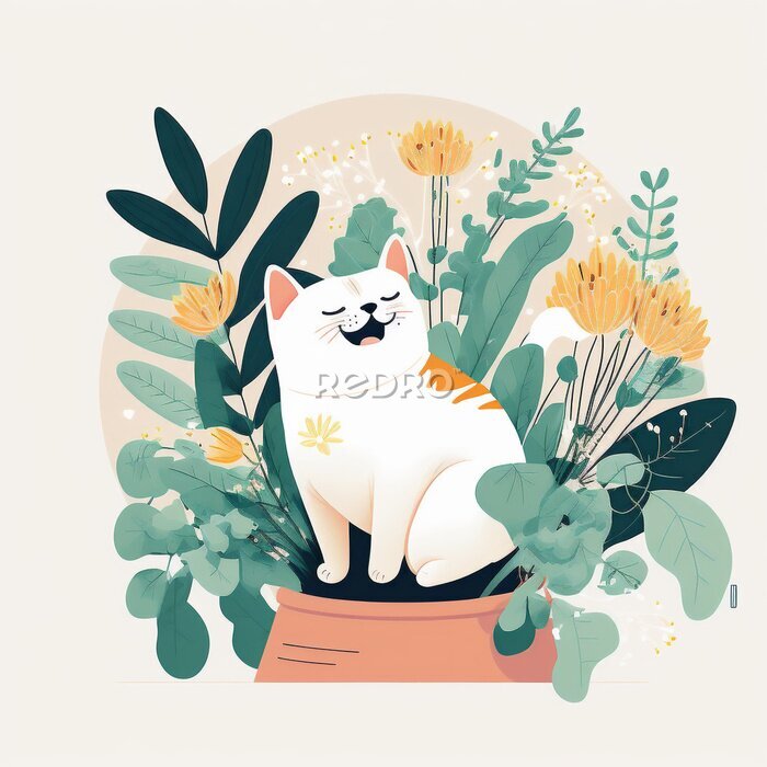Sticker Witte kat in een pot