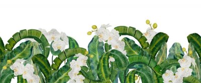 Sticker Witte orchideeënbloemen tussen groene tropische bladeren