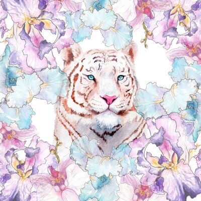 Sticker Witte tijger en pastelkleurige bloemen