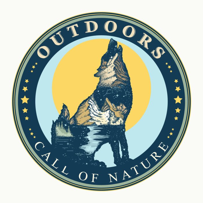 Sticker Wolf double exposure. Outdoor. Call of nature slogan. Symbol of tourism and travel