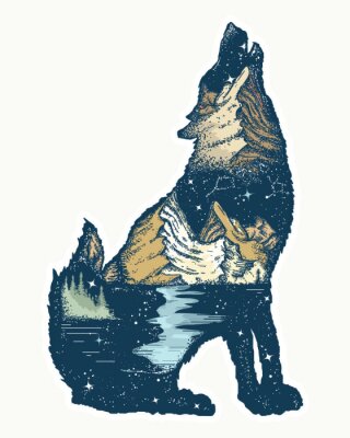 Sticker Wolf double exposure. Tattoo and t-shirt design. Symbol tourism, travel, adventure, outdoor