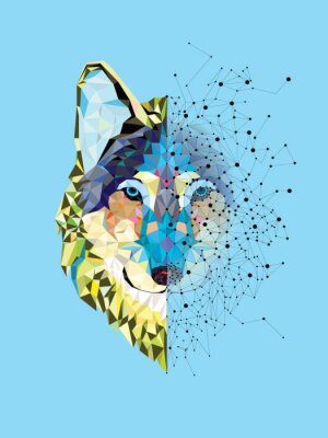 Sticker Wolf head in geometric pattern with star line vector