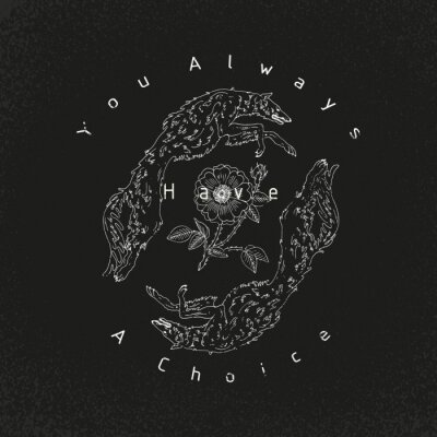 Sticker Wolf met bloemen. Je hebt altijd een keuzeslogan. Typografie grafische druk, modetekening voor t-shirt. Vectorstickers, druk, flarden uitstekende rotsstijl