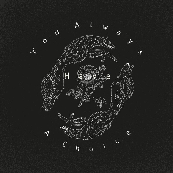 Sticker Wolf met bloemen. Je hebt altijd een keuzeslogan. Typografie grafische druk, modetekening voor t-shirt. Vectorstickers, druk, flarden uitstekende rotsstijl