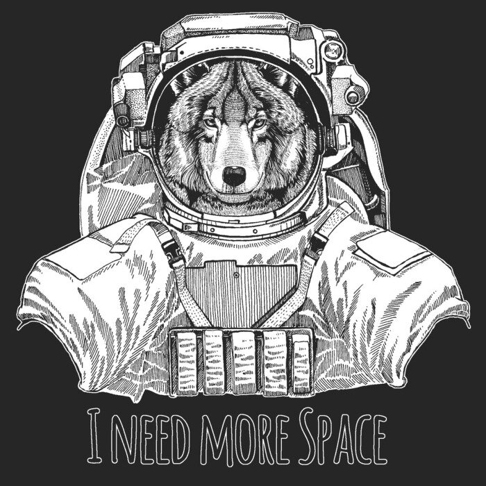 Sticker Wolf portrait. Wild animal wearing space suit. Head of wild animal.