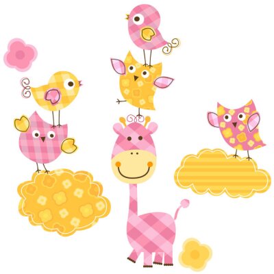 Sticker Wolken en giraffen in geel-roze afbeeldingen