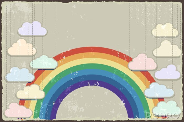 Sticker Wolken op een achtergrond van regenbogen in vintage stijl