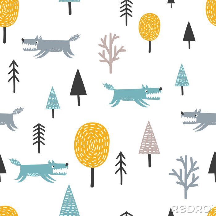 Sticker Wolven en bomen in Scandinavische stijl