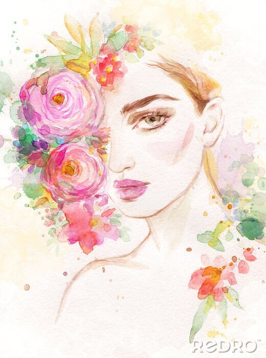 Sticker woman with flowers. beauty background. fashion illustration. watercolor painting