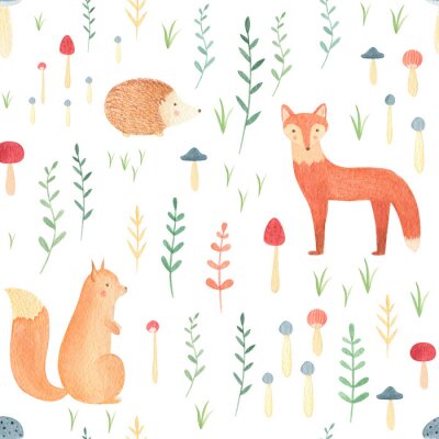 Woodland seamless pattern with watercolor hand drawn animals. Cute fox, squirrel, bear, rabbit with forest leaves and mushrooms on white background. Perfect summer print for kids, infants, nursery.
