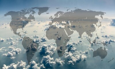 Sticker World map on the background of sky with clouds.