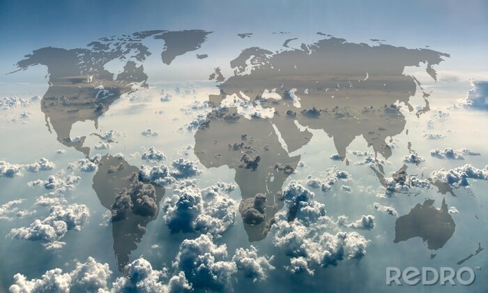Sticker World map on the background of sky with clouds.