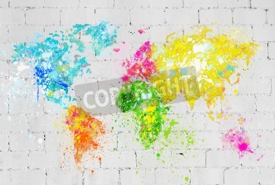 Sticker world map painting on brick wall