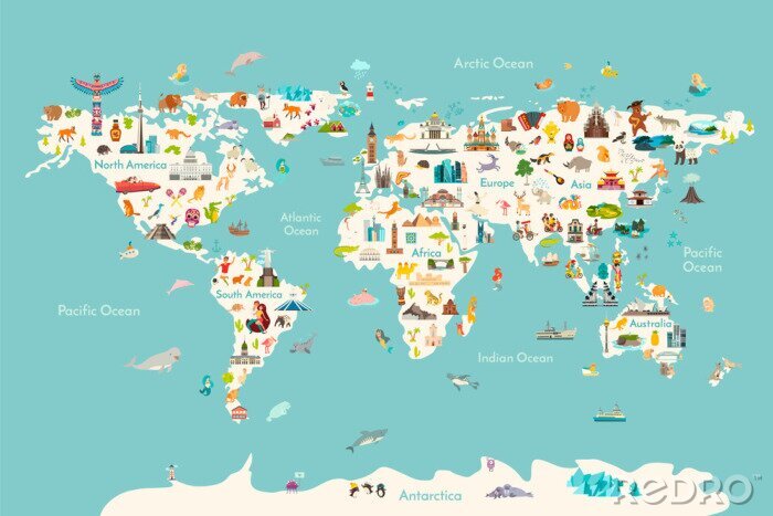 Sticker World map vector illustration. Landmarks, sight and animals hand draw icon. World vector poster for children, cute illustrated. Travel concept card