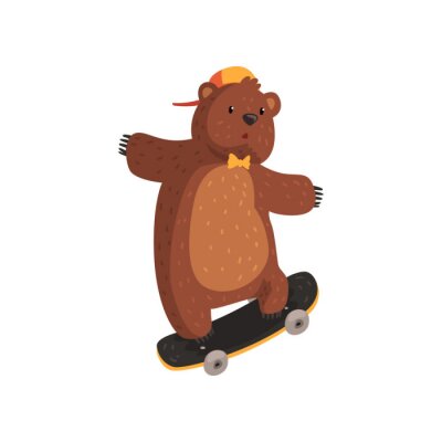Sticker De grappige tiener draagt ​​in oranje GLB en vlinderdas die kickflip truc op skateboard doen. Extreme sport. Cartoon wild dier met bruin bont, kleine oren en poten met klauwen. Platte vector