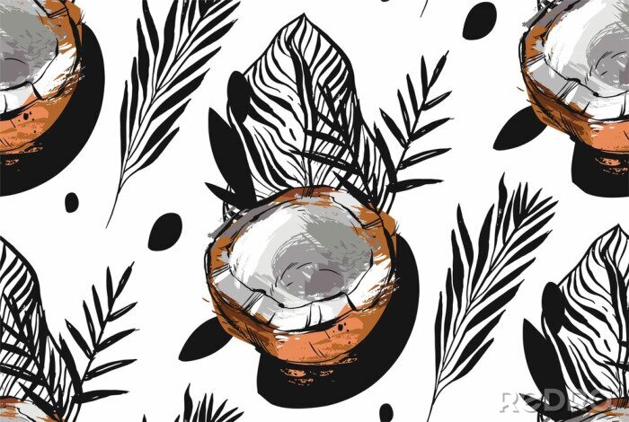 Sticker Hand getekende vector abstracte ongewone naadloze patroon met exotische tropische vruchten kokosnoot mier palmbladeren geÃ¯soleerd op een witte achtergrond.