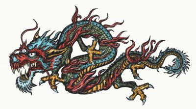 Sticker Сhinese dragon, color tattoo. Old school style. Traditional asian style. China. Ancient mythology and culture