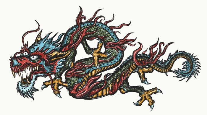 Sticker Сhinese dragon, color tattoo. Old school style. Traditional asian style. China. Ancient mythology and culture