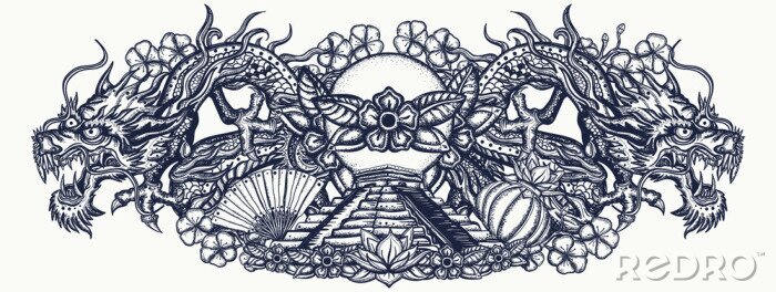 Sticker Сhinese dragons and mayan pyramids, color tattoo. Old school style. Traditional asian style. Ancient mythology and culture