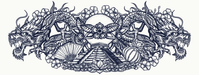 Sticker Сhinese dragons and mayan pyramids, color tattoo. Old school style. Traditional asian style. Ancient mythology and culture