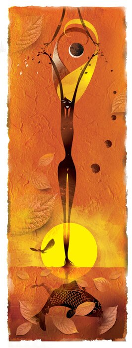 Sticker meisje met bladeren staan ​​in de vijver in de zon