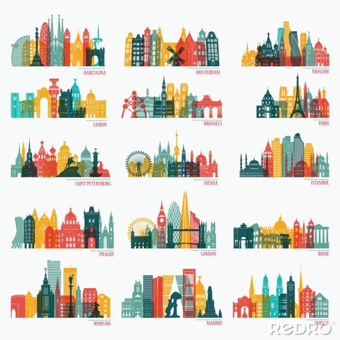 Sticker Skyline gedetailleerde silhouet set (Barcelona, ​​Madrid, Rome, Londen, Wenen, Praag, Brussel, Istanbul, Lissabon, Moskou, Warschau, Amsterdam, Zürich). Reizen en toerisme achtergrond. Vector illustra