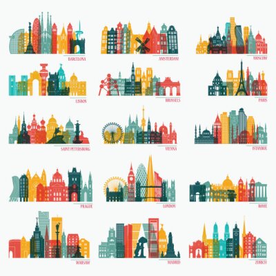 Sticker Skyline gedetailleerde silhouet set (Barcelona, ​​Madrid, Rome, Londen, Wenen, Praag, Brussel, Istanbul, Lissabon, Moskou, Warschau, Amsterdam, Zürich). Reizen en toerisme achtergrond. Vector illustra