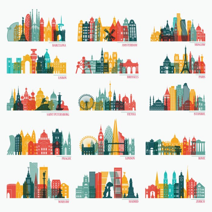Sticker Skyline gedetailleerde silhouet set (Barcelona, ​​Madrid, Rome, Londen, Wenen, Praag, Brussel, Istanbul, Lissabon, Moskou, Warschau, Amsterdam, Zürich). Reizen en toerisme achtergrond. Vector illustra