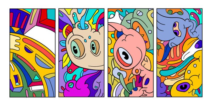 Sticker Vector abstract cartoon doodle skull, bone, insect, and head colorful illustration. Set of Liquid and fluid abstract tribal tattoo, sticker, banner, social media story, and wallpaper background.