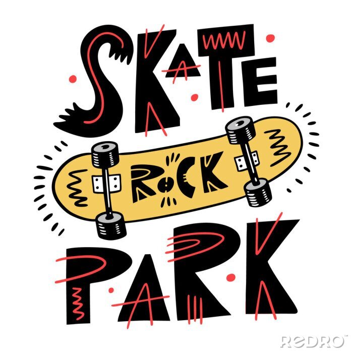 Sticker Yellow skateboard vector illustration. Skate Rock Park Phrase.