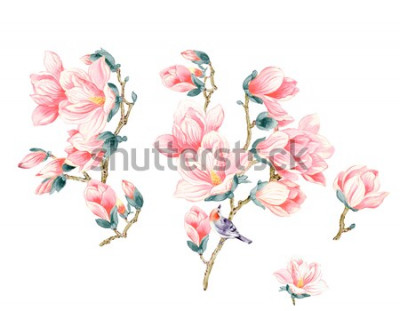 Sticker Zalmmagnolia's met een vogel