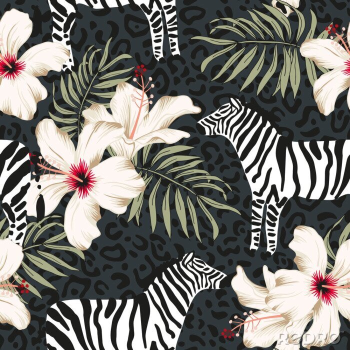 Sticker Zebra stippen en tropische planten