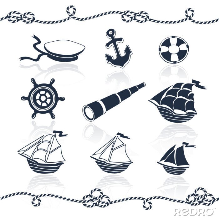 Sticker Zee objecten set. Marine vector collectie. Schepen, anker, touwen kijker, wiel, zeeman, heeft reddingsboei. Nautische elementen op een witte achtergrond.