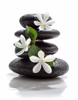 Zen stenen versierd met bloemen en bladeren