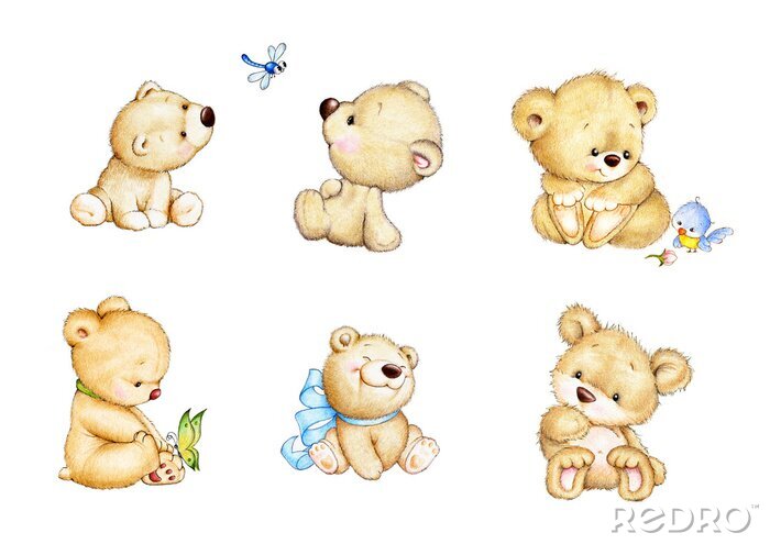 Sticker Zes beren, een vlinder, een libel en een vogel