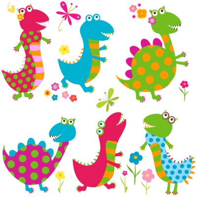 Sticker Zes vrolijke kleurrijke dinosaurussen in verschillende vormen
