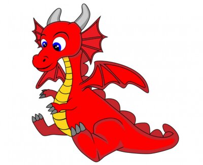 Sticker Zittende rode gehoornde draak kinderachtige illustratie