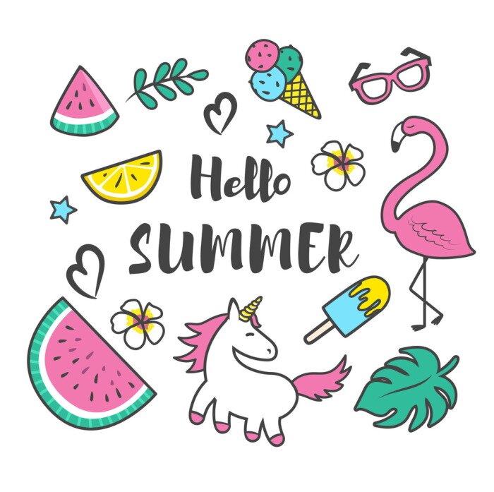 Sticker Zomer collectie. Set van zomer pictogrammen en ontwerpelementen.