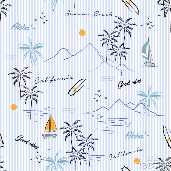 Sticker Zomersymbolen op blauwe en witte strepen