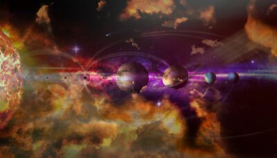 Zonnestelsel kunstwerk met wolken