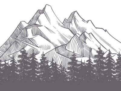 Sticker Zwart-wit bos tekenen op een achtergrond van bergen