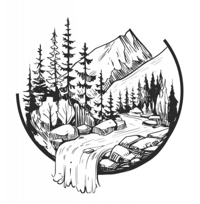 Zwart-wit tekening van een berglandschap met een waterval