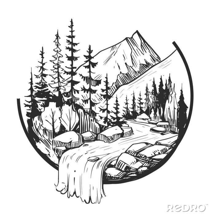 Sticker Zwart-wit tekening van een berglandschap met een waterval