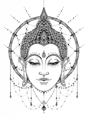 Sticker Zwart-wit tekening van een boeddha met gesloten ogen