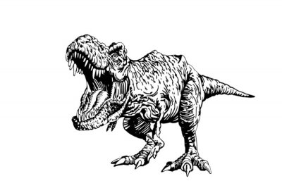 Sticker Zwart-wit tekening van een brullende dinosaurus