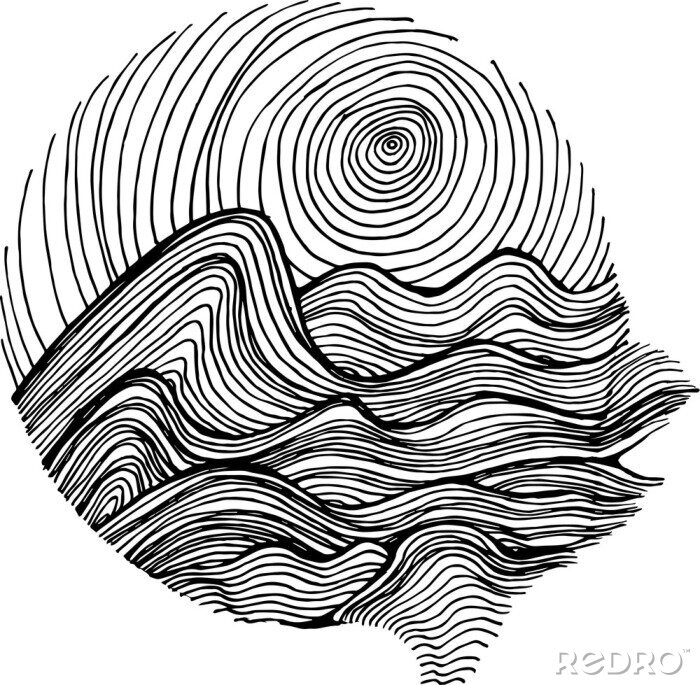 Sticker Zwart-wit tekening van ruwe zeegolven