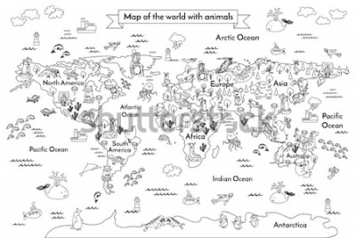 Sticker Zwart-wit wereldkaart met extra afbeeldingen